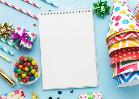 Birthday party background with blank notepad and colorful candies on blueの写真素材