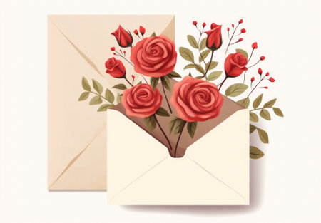 Envelope with red roses on white background. Vector illustration.の写真素材
