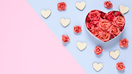 Valentines day background with red roses on blue and pink backgroundの写真素材