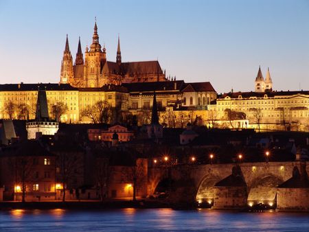 Colorful Prague gothic Castle past Sunset on Vltava                                    の写真素材