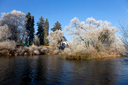 Beautiful fairytale snowy winter Countryside with blue Sky in Central Bohemia, Czech Republic