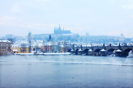 Historic center of night Prague City, Czech Republicの写真素材