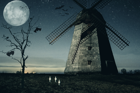 Halloween mill with Moon and batsの写真素材