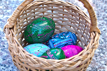 Brightly colored Easter eggs in a basket