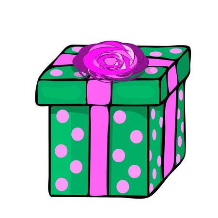 Gift box isolated on white background. Vector illustration of holiday present in cartoon style. Gift Box Icon for game interfaces. Reward icon. Christmas green gift box with red ribbon and dots.のイラスト素材