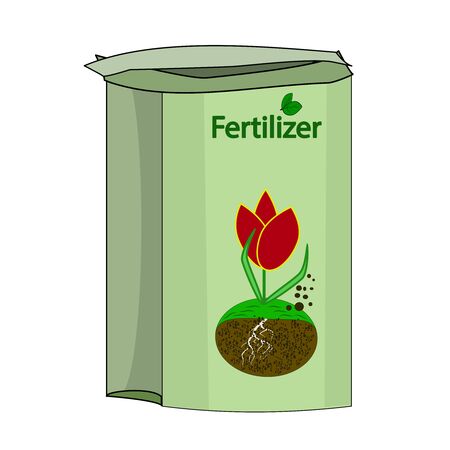Fertilizer bag isolated on white background. Green paper bag with fertilizer. Cartoon vector illustration of plant and flower fertilizer sack with tulip image on label.  Flat style vector illustrationのイラスト素材
