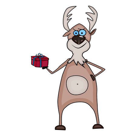 Cartoon Deer isolated on white background. Funny flat Reindeer with red gift box. Christmas elk or moose illustration for cards, invitations, printing, packs, paper craft, party invitations. Vector.のイラスト素材