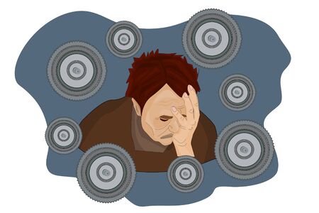 Illustration of a sad adult man in depressive state of mind. Mental disorder, illness, psychological problem. Concept of psychological trauma, stress.Flat stock vector isolated on white backgroundのイラスト素材