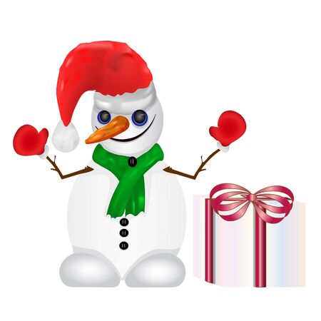 Snowman isolated on white background. Cartoon snowman with gift box. Cute Christmas snowman wearing red santas hat and green scarf.のイラスト素材