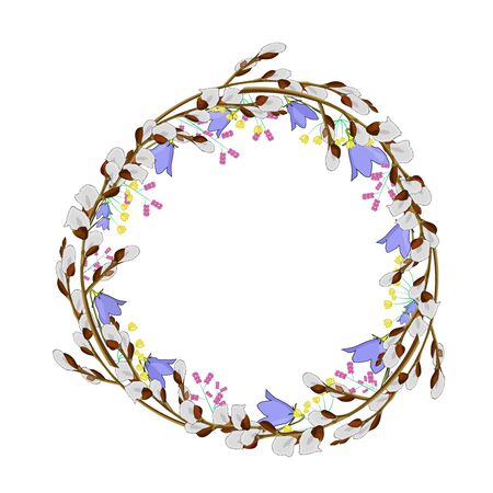 Wreath of Pussy willow and flowers isolated on white background. Easter frame with pussy willow branches and plants. Borders or banner with pussy willow and bell-shaped flower bouquet. Stock vectorのイラスト素材