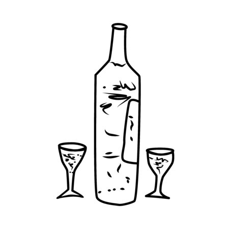 Wine bottle line icon isolated on white background. Alcohol drink symbol. Glass bottle and two wine glass. Black and white drawing sketch. Hand drawn design. Stock vector illustration.のイラスト素材