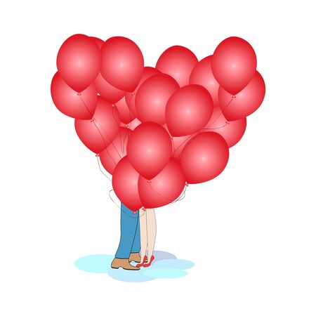 Couple and balloons isolated on white background. Balloons in the shape of hearts. Valentine's Day, love and relationships. Couple kissing behind heart shaped red balloons. Stock vector illustration.のイラスト素材
