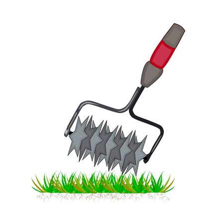 Lawn aeration tool isolated on white background. Color cartoon lawn aeration machine icon. Lawn grass care clipart service, gardening and landscape design. Simple flat symbol. Vector illustration.のイラスト素材