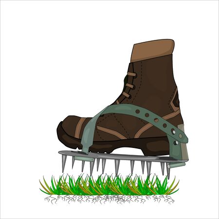 Aerator shoes with metal spikes isolated on white background.
Lawn aerator shoes. Lawn spikes shoes. Garden aerating tool. Aerating spikes heavy duty spiked shoes for lawn care aeration green. Vector のイラスト素材