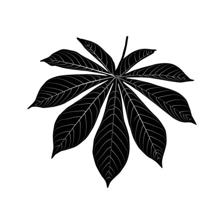 Black leaf icon isolated on white background. Black tropical leaf silhouette. Exotical jungle leaf. Silhouette shape casava leaf. Exotic plant leafage symbol. Botany poster design element. Vector.のイラスト素材