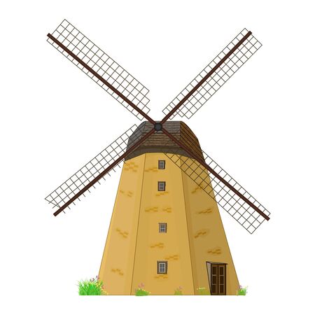 Windmill isolated on white background. Traditional rural house mill with propeller. Old windmill building. Cartoon flat ancient medieval building. Ecology, wind renewable energy, farming. Vectorのイラスト素材