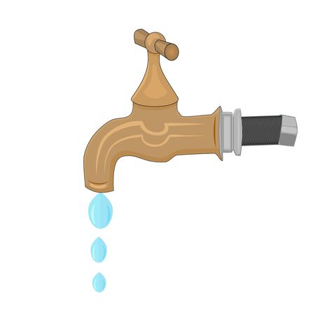 Water tap with falling drop isolated on white background. Water faucet in cartoon flat style. Concept on the water saving, conservation of natural resources. Hot water. Plumbing services. Vectorのイラスト素材