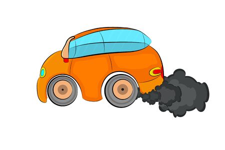 Car and smoke isolated on white background. Car air pollution. Car producing a cloud of air pollution. Vehicle toxic pollution, polluted air or environment car waste hazard. City road smog. Vectorのイラスト素材