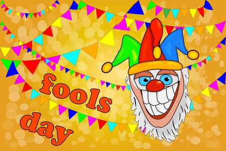 Design banner for April Fools Day with crazy jester and garlands. Poster template for Holiday of jokes, carnival festival, fun fair, circus show. Card of Red Nose Day. April fools day concept. Stock vectorのイラスト素材