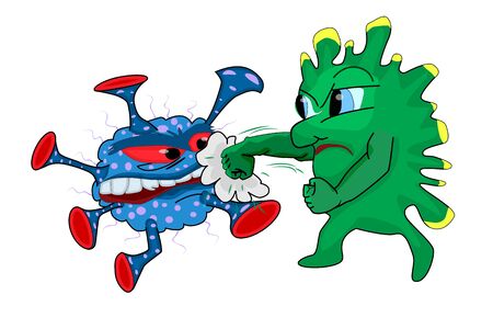 Immunity fights the virus isolated on white background. Coronavirus. Health care concept. Funny cartoon character good bacteria fight against outbreak viruses. Power of immune boosting concept to fight disease. Stock vector illustrationのイラスト素材