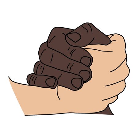 Handshake gesture isolated on white background. Vector illustration of multiracial holding hands, peace, friendship concept between multi ethnic people. Handshake gesture, white caucasian and black african american hand.のイラスト素材