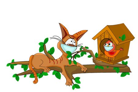 Cat and bird with medical masks. Social distancing, location or distance concept. Keep distance in public society to protect from coronavirus spreading. Cat and bird keep a distance away in the meeting. Vectorのイラスト素材
