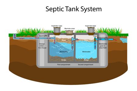 Septic Tank diagram. Septic system and drain field scheme. An underground septic tank illustration. Infographic with text descriptions of a Septic Tank.のイラスト素材