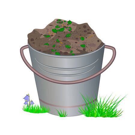 Metallic bucket with ground or fertilizers isolated on white background. Bucket with earth and compost in grass for planting. Zero waste theme. Hill of brown substrate. Eco farming. Stock vector illustrationのイラスト素材