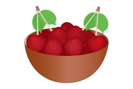 Cherry. Bowl of delicious juicy cherries isolated on white background. Big pile of fresh red cherries in the brown bowl. Kitchenware design element. Bountiful harvest. Full plate of beautiful juicy berries. Stock vector illustrationのイラスト素材