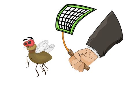 Fly and flyswatter in hand isolated on white background. Hand killing fly with swatter. Man tries to catch fly with flyswatter. Insect pest trap. Tool for destruction of insects at home. Stock vector illustrationのイラスト素材