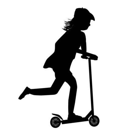 Child riding scooter silhouette isolated on white background. Active outdoor fun and entertainment for boys and girls. Roller sport. Concept of city transport rent or bike sharing for riding and fun. Stock vector illustrationのイラスト素材