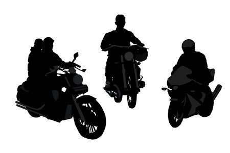 Motorcyclists silhouette set isolated on white background. Biker driving a motorcycle. Freedom independence. Freedom activity. Riders on motorbikes. Bikers event or festival. Stock vector illustrationのイラスト素材