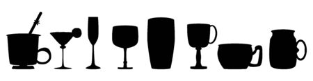 Set of black silhouettes alcohol glasses and cups for different drinks isolated on white background. For cocktail bar, restaurant banner, party poster, sale advertising, infographic. Stock vector illustrationのイラスト素材