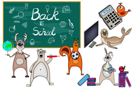 Back to school set. Animals and blackboard with school elements isolated on white background. Education theme. Cute cartoon characters. Bear, deer, bird, seal, squirrel and bunny. Stock vector illustrationのイラスト素材