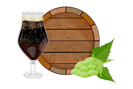 Glass of dark beer, wooden barrel and hop isolated on white background. Logotype for Oktoberfest beer festival or brewery. Beer keg for label, beer ads, package, banner, logo, emblem. Stock vector illustrationのイラスト素材