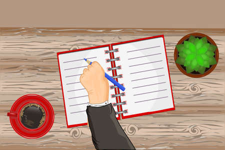 Top view male hand, notebook, work desk with coffee and flower pot. Left handed concept with copy space. Man left hand writing in notebook on wooden table. International lefthanders day. Stock vector illustrationのイラスト素材