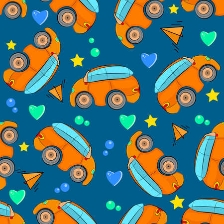 Cartoon cars seamless pattern on blue background. Colorful baby pattern with car, star, heart, aeroplan and bubbles. Fashion kids print. Vehicles fashion fabrics, textile graphics, design. Stock vector illustrationのイラスト素材