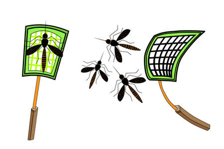 Mosquitoes and swatter isolated on white background. Mosquito and net racket in flat style. Green palette to kill mosquitoes. Tool for destruction of insects at home. Insect pest trap. Plastic palette trapping insects net racket. Stock vector illustrationのイラスト素材