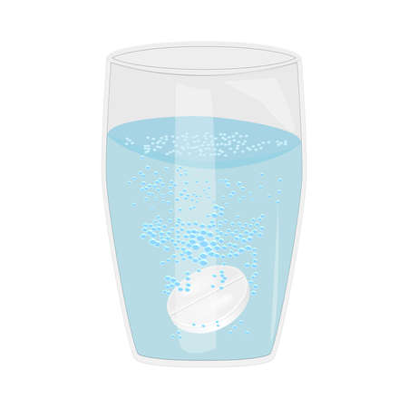 Effervescent aspirin tablets dissolve in a glass of water isolated on white background. Soluble pill, medicine drug, antibiotic or vitamin under the water. Pharmaceutical preparations. Stock vector illustrationのイラスト素材