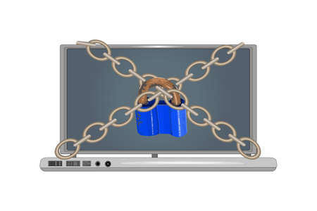 Lock with chain around laptop isolated on white background. Laptop computer are bound with chains and locked with a blue padlock. Concept of security center. For web banners, web and mobile app, web sites, infographics. Stock vector illustrationのイラスト素材