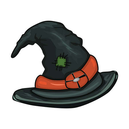 Witch hat isolated on white background. Cartoon Halloween old green witch hat an orange band with...