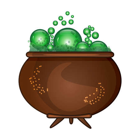 Halloween witches cauldron with green potion and bubble isolated on white background. Brown pot with green witches magic broth. Witch bucket of boiling green liquid. Poison potion for Halloween. Stock vector illustrationのイラスト素材