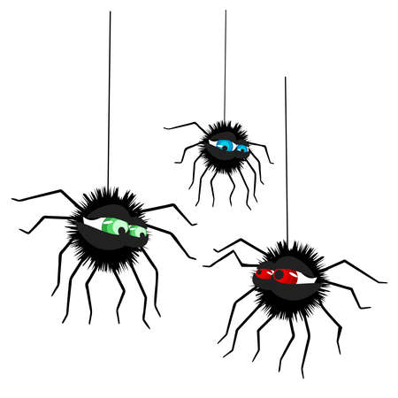 Spider isolated on white background. Cute cartoon angry black spiders hanging on a string of cobwebs. Animal character for the elements of flat designs to celebrate Halloween party. Stock vector illustrationのイラスト素材