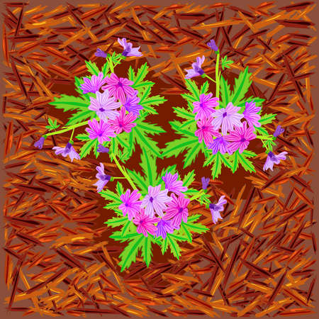 Red mulch and flowers. Bright mulch for flower beds using natural pine bark. Mulch gardening concept. Mulching of beds, plants, soil protection. Landscape design color mulch. Stock vector illustrationのイラスト素材