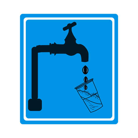 Drinking water sign isolated on white background. Blue sign with tap, drops and glass silhouette. Pure potable water symbol. Drinkable water emblem. Public information insignia or signage. Stock vector illustrationのイラスト素材