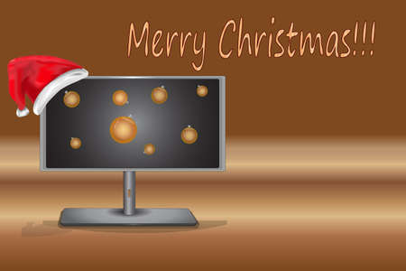 Christmas monitor banner. Computer or tv with red Santas Claus hat and christmas balls in screen on brown background. Shopping online for christmas holdays. Christmas media digital devices concept. Stock vector illustrationのイラスト素材