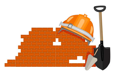 Bricklaying icon isolated on white background. Brick laying symbol or sign. Helmet, brick, shovel and trowel emblem. Labour day. International Workers day. Construction, professional mason company . Stock vector illustrationのイラスト素材