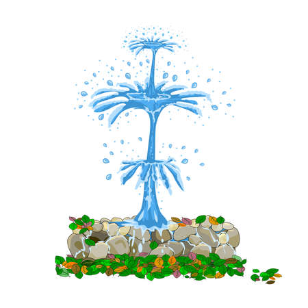 Fountain isolated on white background. Vintage cartoon source with pure water stream, stones and color leaf. Street fountain aspiring upwards. Landscape design of square or park. Stock vector illustrationのイラスト素材