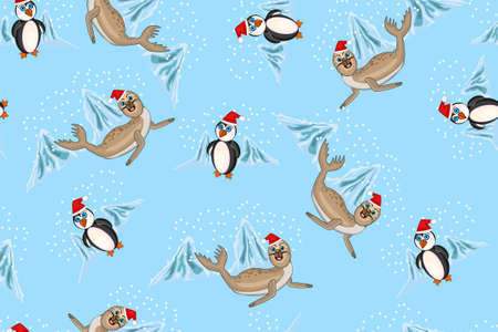 Seamless pattern with penguin and seal on blue background. Winter repeated texture with cartoon characters for winter and christmas theme. Arctic animals seamless pattern. Christmas wrapping paper. Stock vector illustrationのイラスト素材
