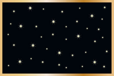 Shining rectangle banner with stars. Golden glowing rectangle frame with sparkles and copy space. Empty luxury dark backdrop. Golden frame with lights effects. Template for greeting card, poster, label, business card. Stock vector illustrationのイラスト素材